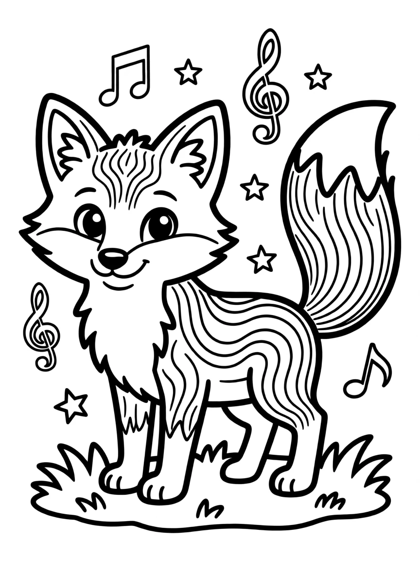 Fox with fur forming sound wave patterns, surrounded by music elements