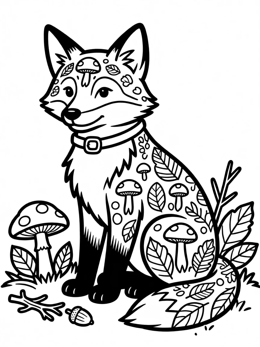 Fox with mushroom and forest floor elements incorporated into its fur patterns