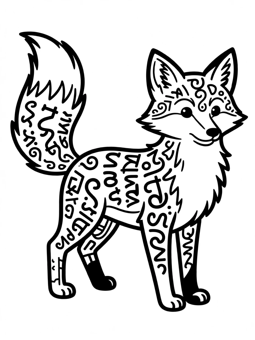 Fox with ancient text elements incorporated into its fur patterns