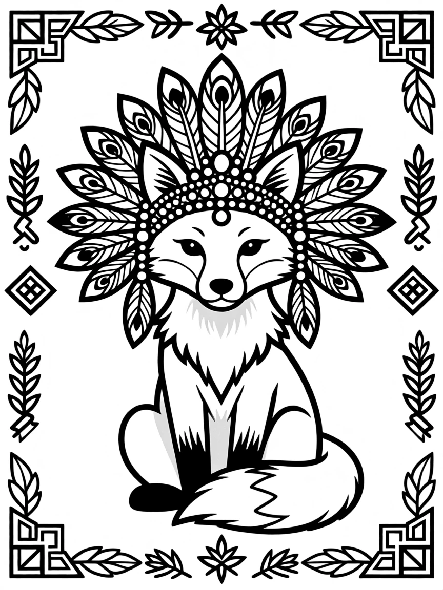 Fox with ornate headdress, surrounded by ceremonial patterns