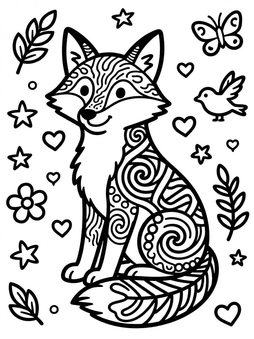 Fox with fur forming a DNA-like spiral pattern, surrounded by life symbols