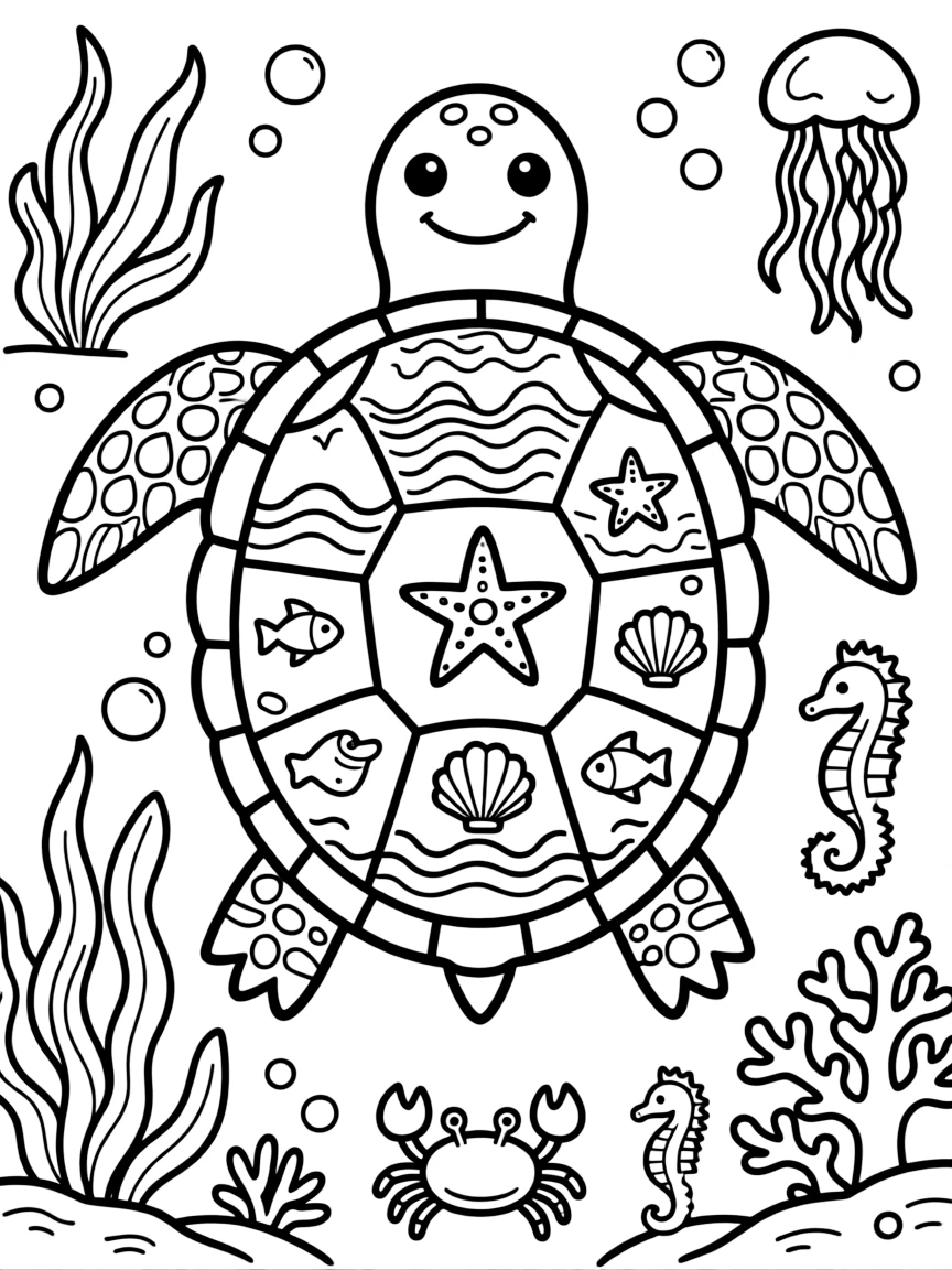 Turtle silhouette filled with ocean designs, surrounded by sea elements