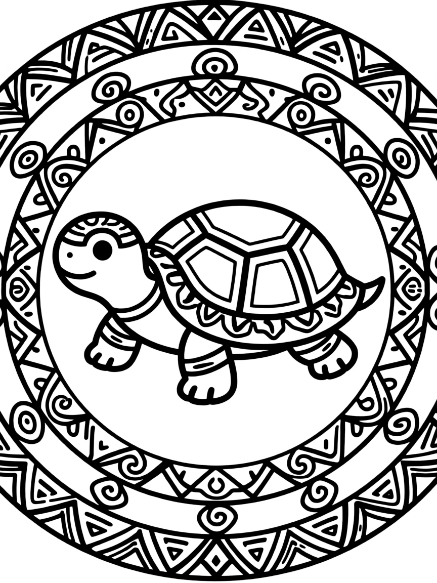 Turtle with ceremonial paint patterns, surrounded by tribal-inspired designs