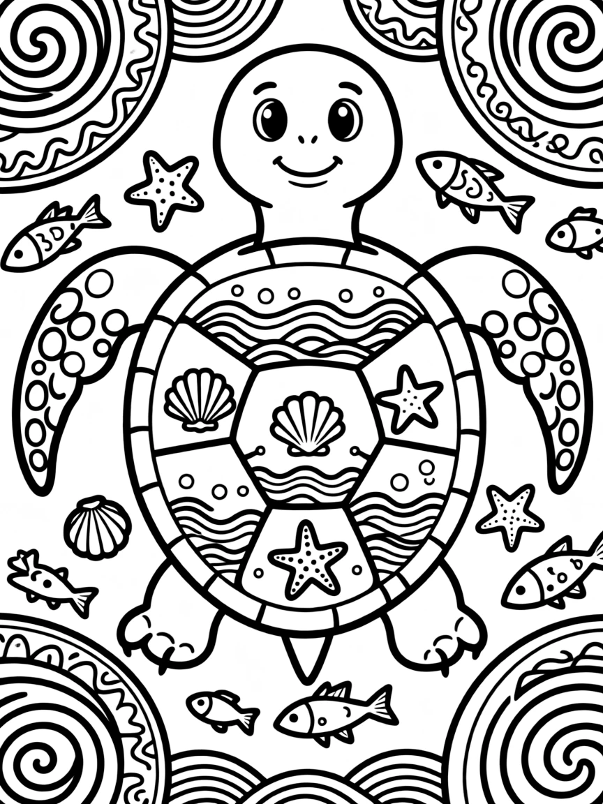 Turtle with ocean wisdom elements, surrounded by ancient sea patterns