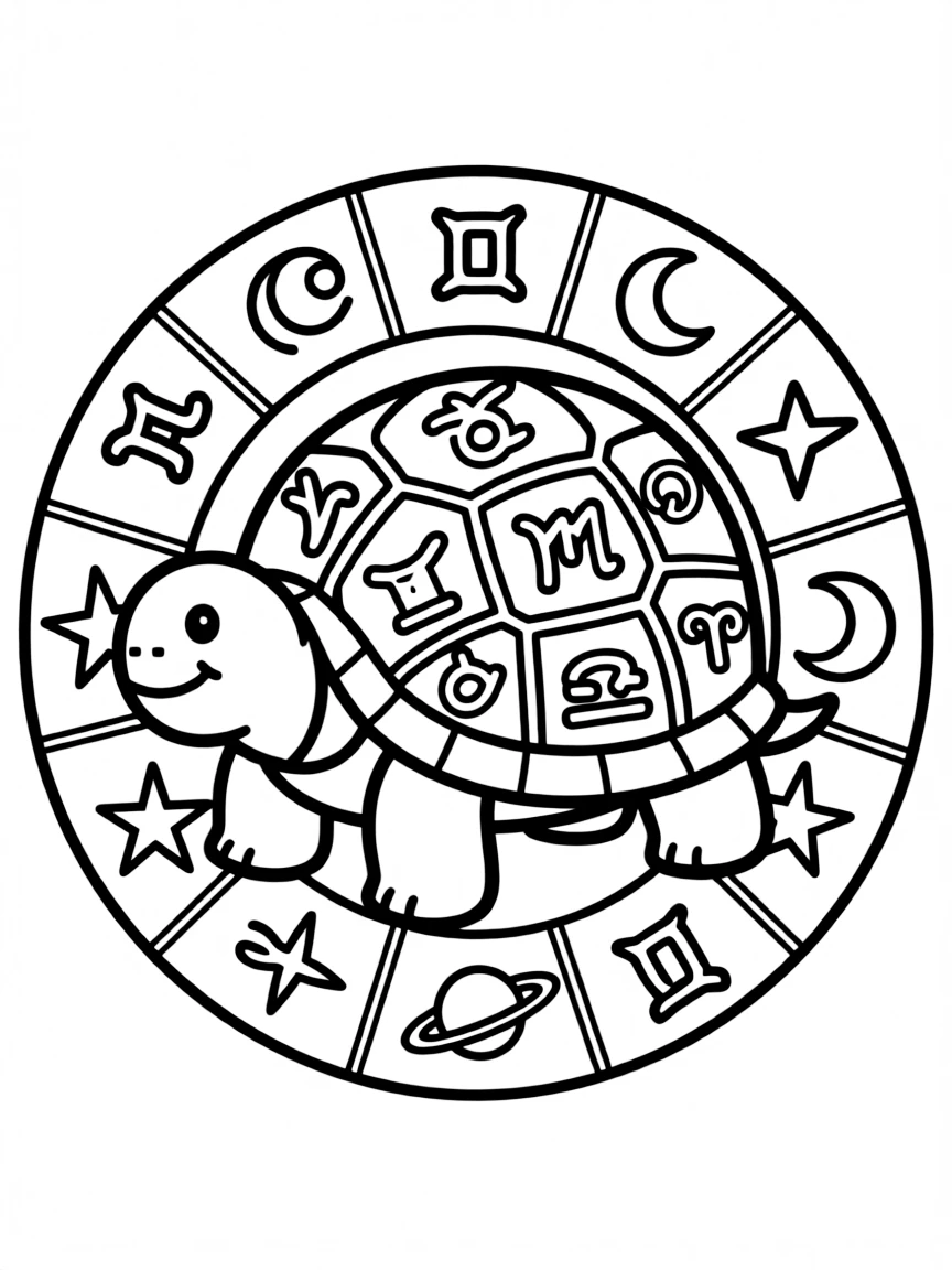 Tortoise with zodiac symbolism, surrounded by astrological patterns