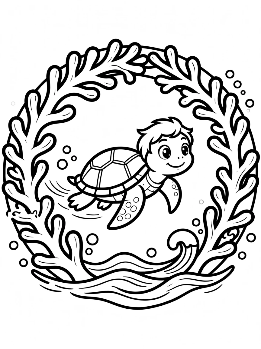 Turtle swimming through a ring of coral, creating a circular ocean pattern