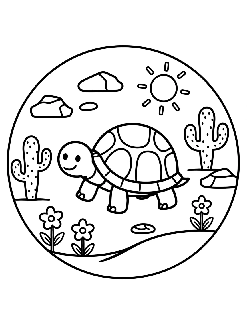 Tortoise with desert elements incorporated into a circular design