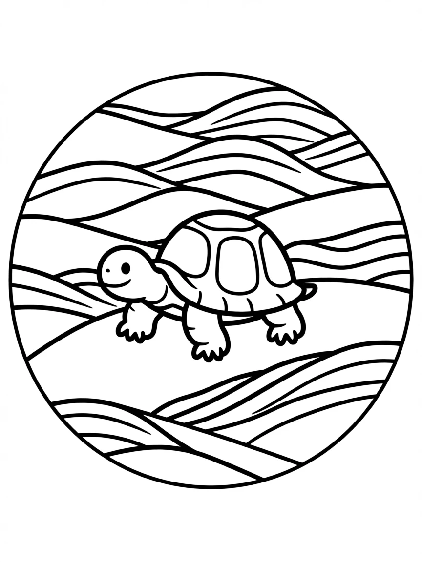 Tortoise moving through sand, with dune patterns forming a circular design