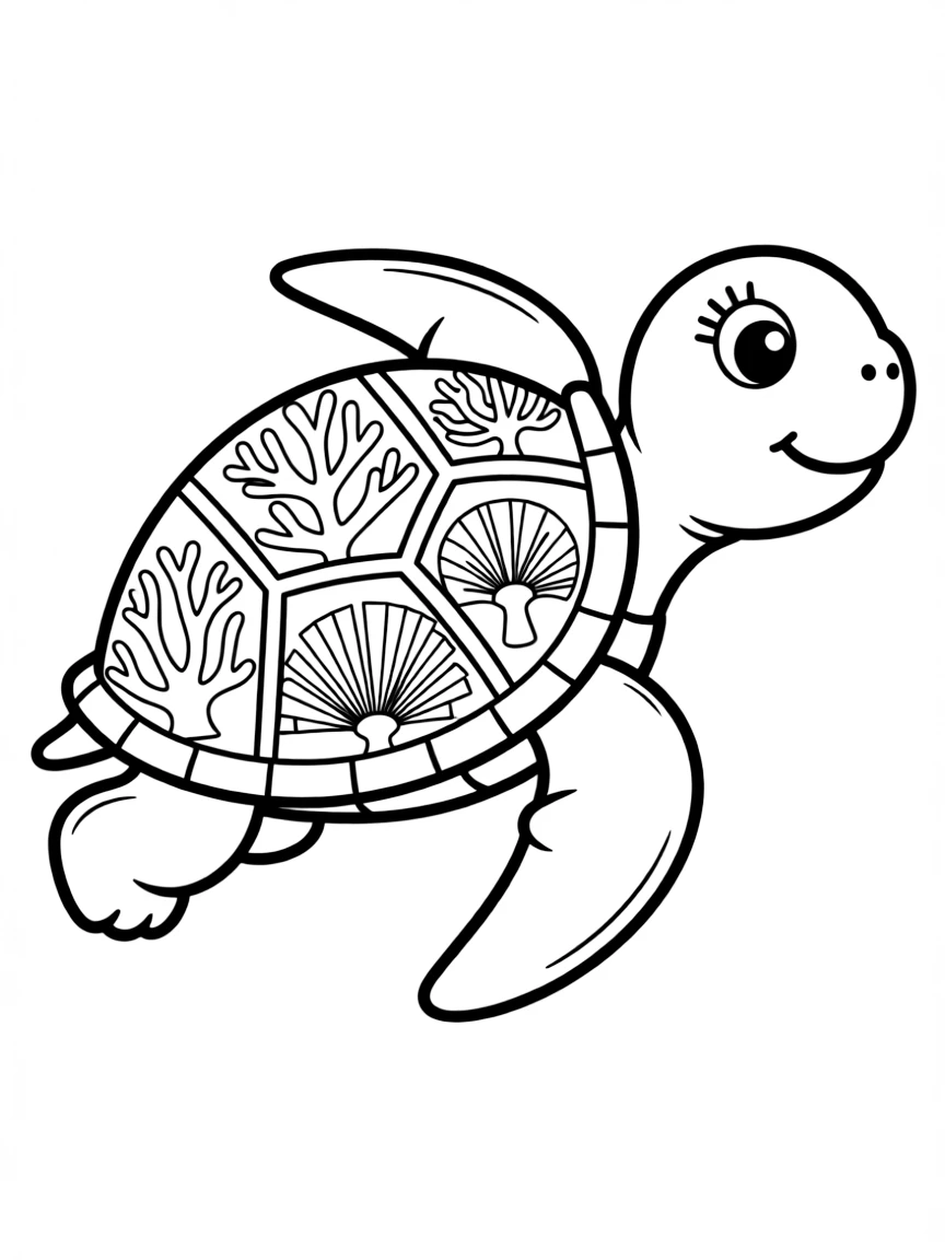 Turtle with coral reef patterns incorporated into its shell