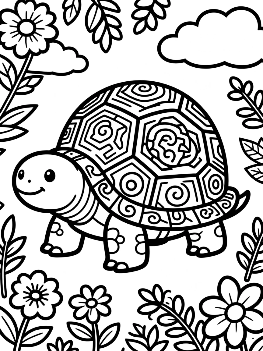 Tortoise with shell forming a zentangle pattern, surrounded by detailed designs
