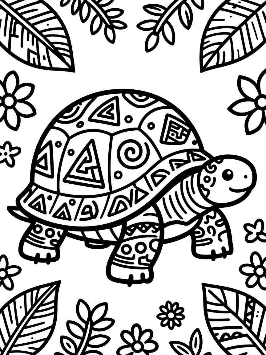 Tortoise with tribal marking patterns, surrounded by cultural designs