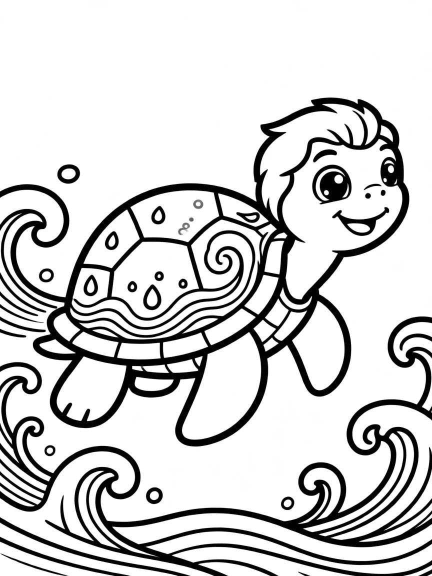 Turtle with water elements on its shell, surrounded by wave-inspired patterns