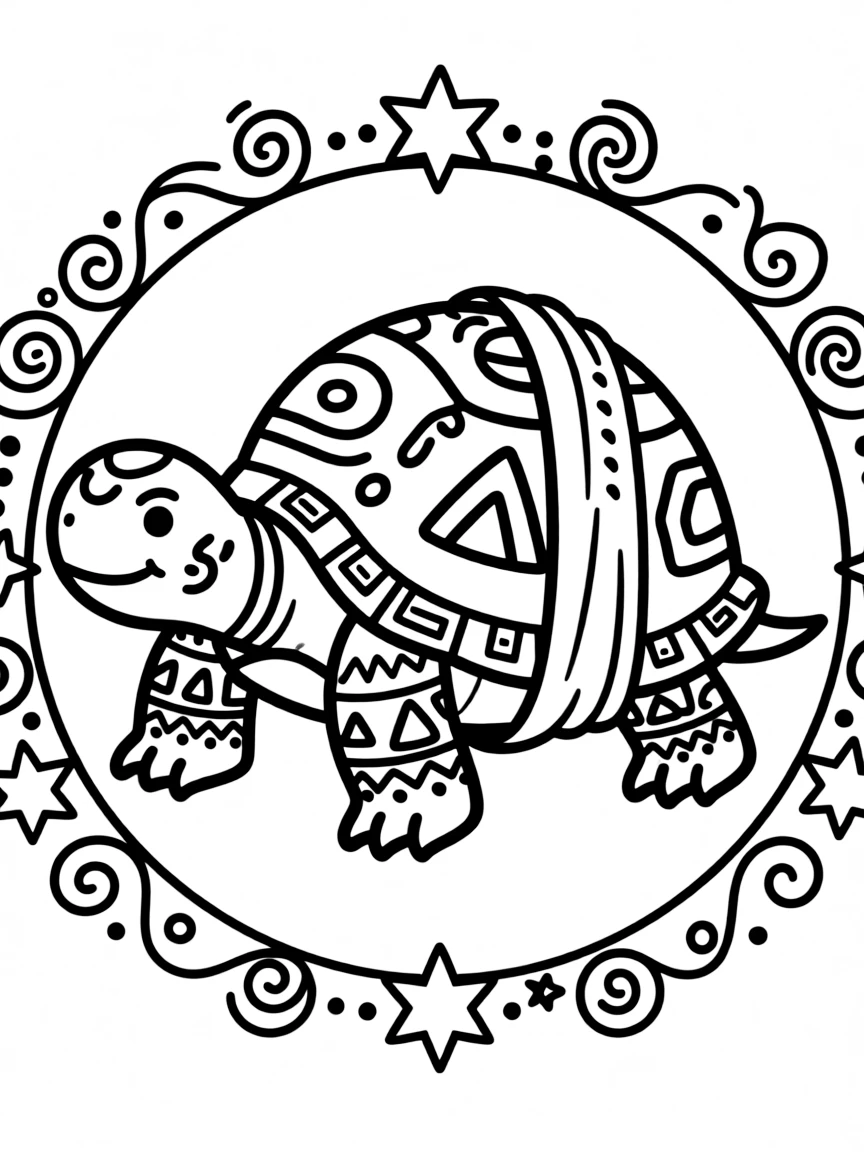 Tortoise with ceremonial paint patterns, surrounded by ritual designs