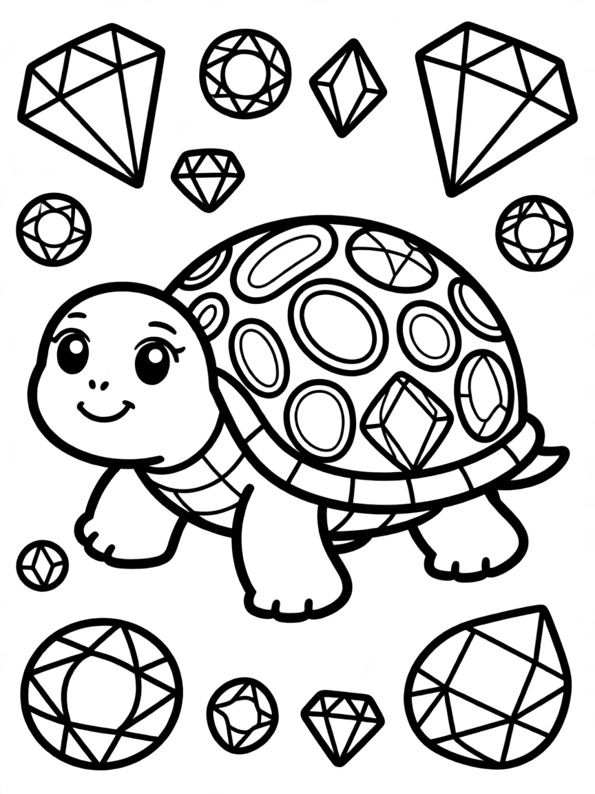 Turtle with jeweled shell decorations, surrounded by precious stone patterns