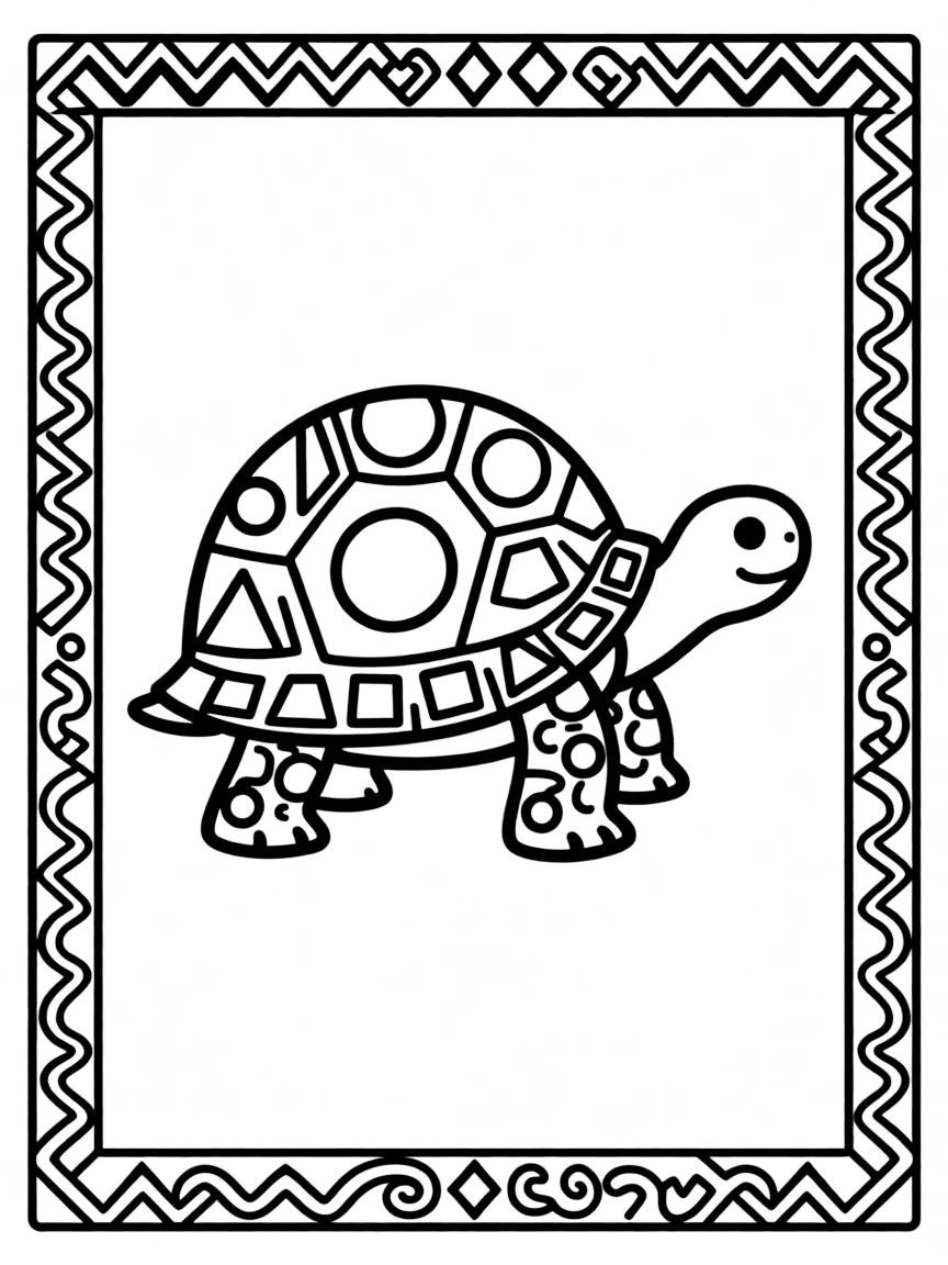 Tortoise with geometric patterns inside its silhouette, surrounded by tribal borders