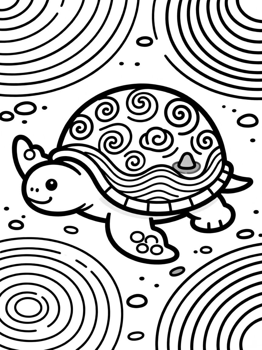 Turtle with zen garden patterns on its shell, surrounded by raked sand designs