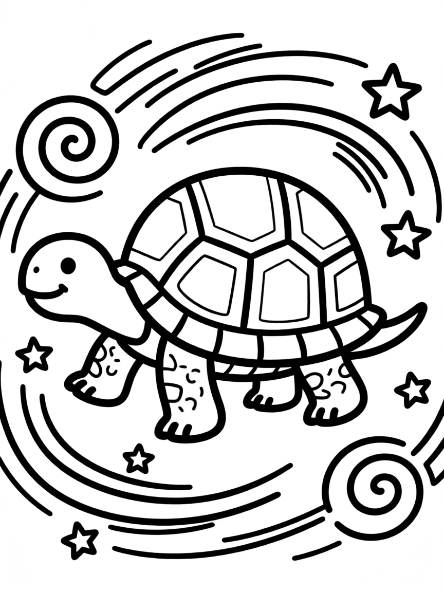 Tortoise in walking pose, surrounded by movement-inspired patterns