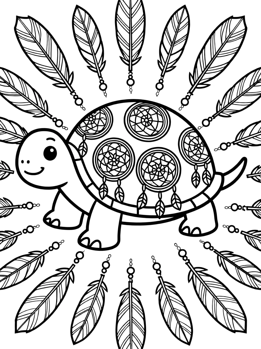 Tortoise with dreamcatcher elements, surrounded by feather and bead patterns