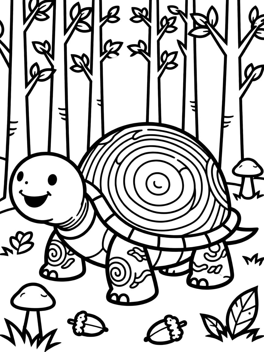 Turtle with shell forming tree rings, surrounded by forest-inspired designs