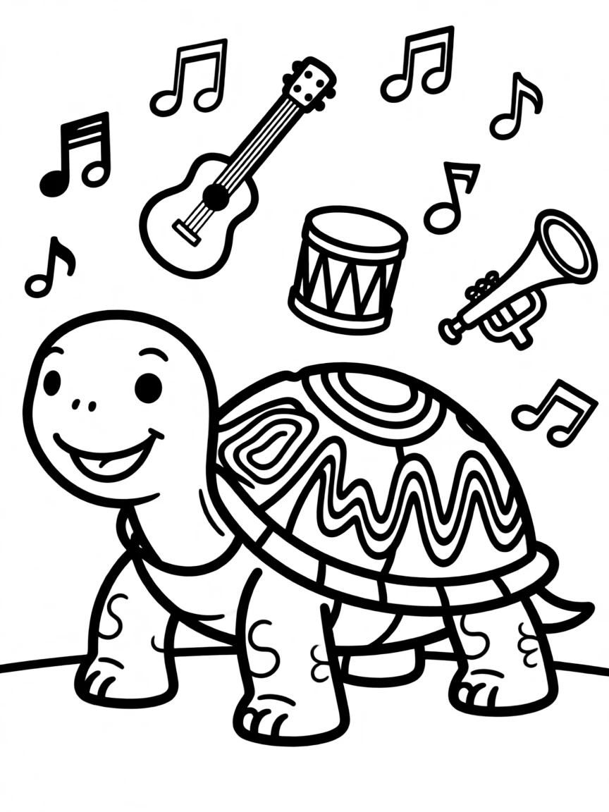Turtle with shell forming sound wave patterns, surrounded by music elements