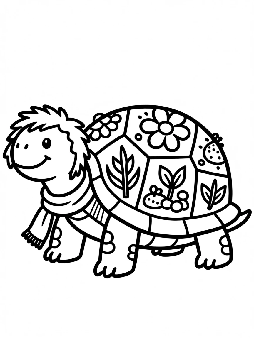 Tortoise with plant and earth elements incorporated into its shell patterns