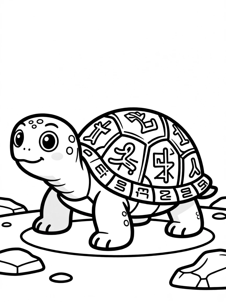 Turtle with ancient text elements incorporated into its shell patterns