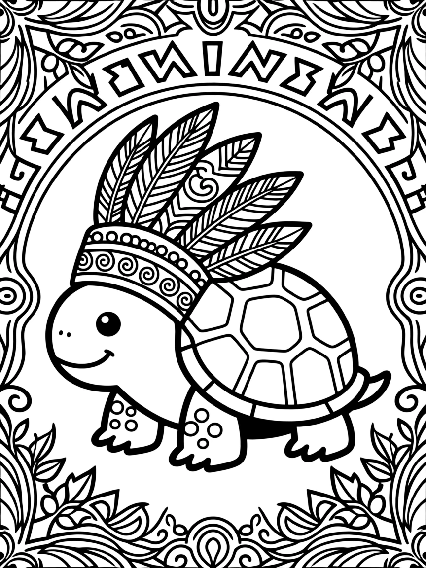 Tortoise with ornate headdress, surrounded by ceremonial patterns