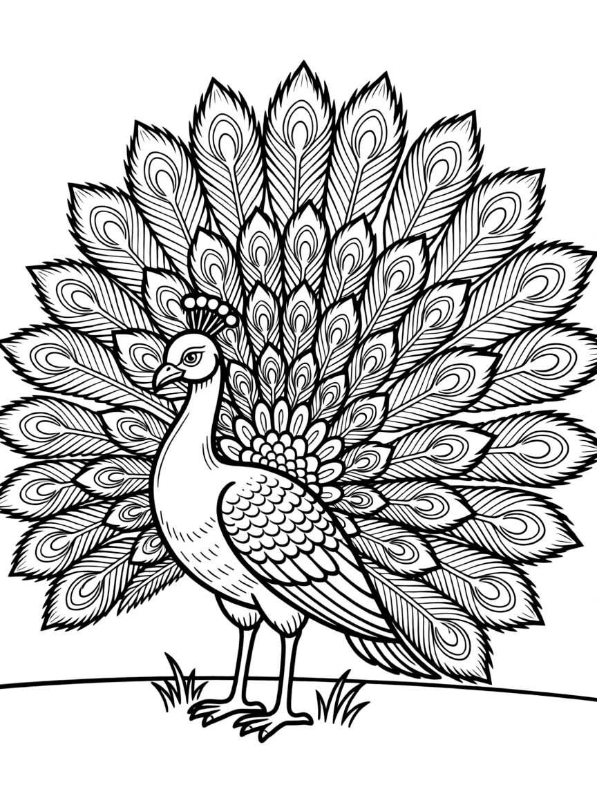Peacock with elaborate tail feathers forming a natural mandala design