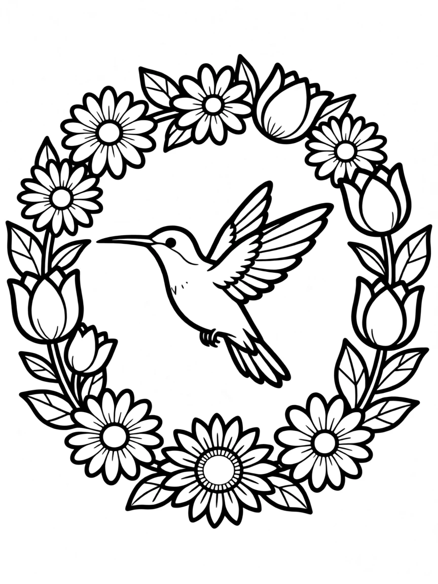 Hummingbird surrounded by flower patterns in a circular arrangement