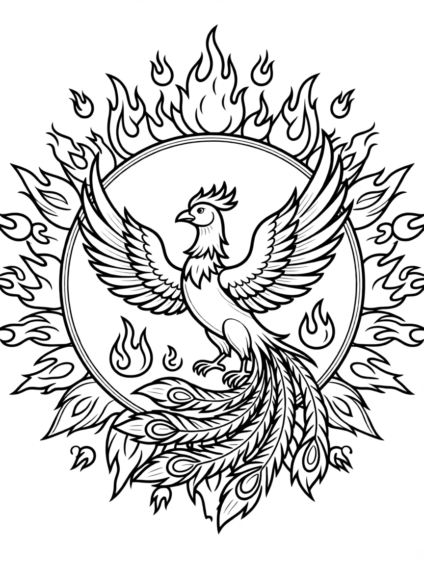 Phoenix with flame-like feathers forming a circular fire mandala