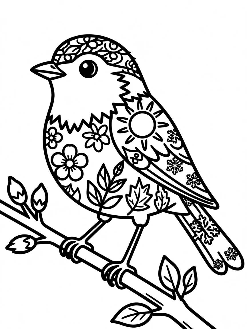 Robin with seasonal elements in its feathers, showing all four seasons