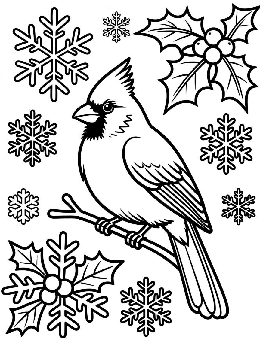 Cardinal with winter elements, surrounded by snowflake and holly patterns