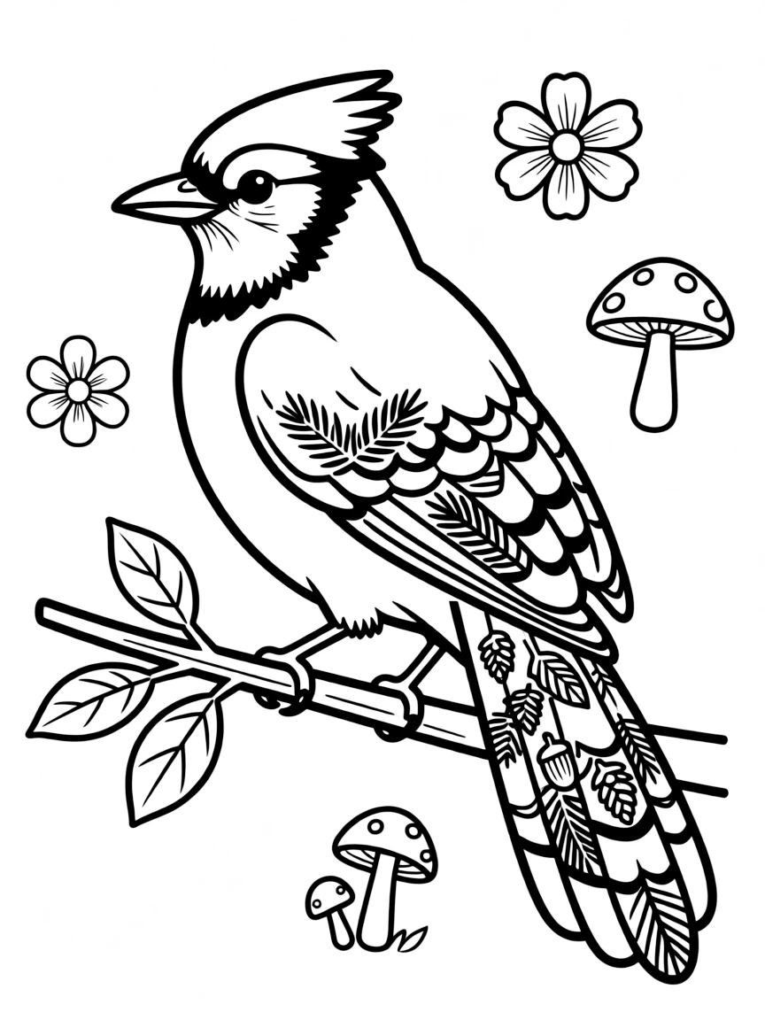 Blue jay with forest elements incorporated into its feather patterns