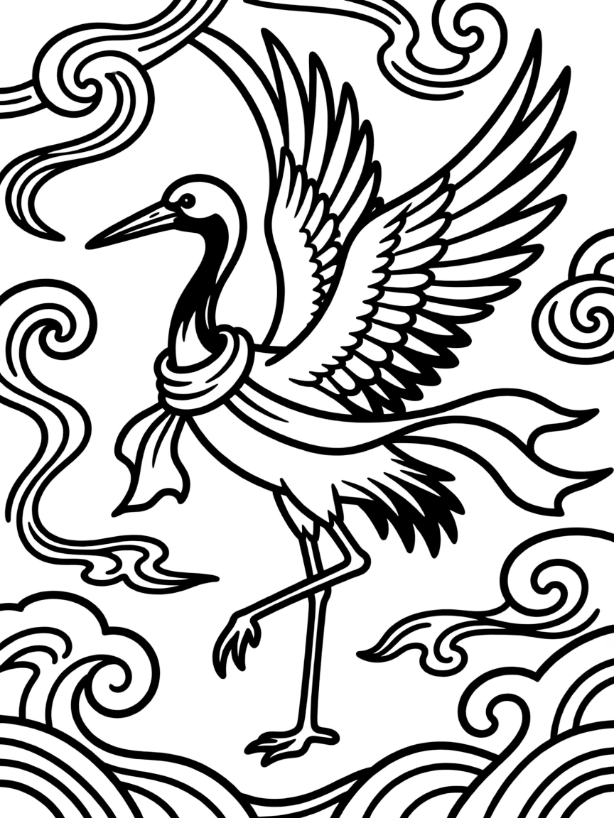 Crane in dance pose, surrounded by movement-inspired patterns