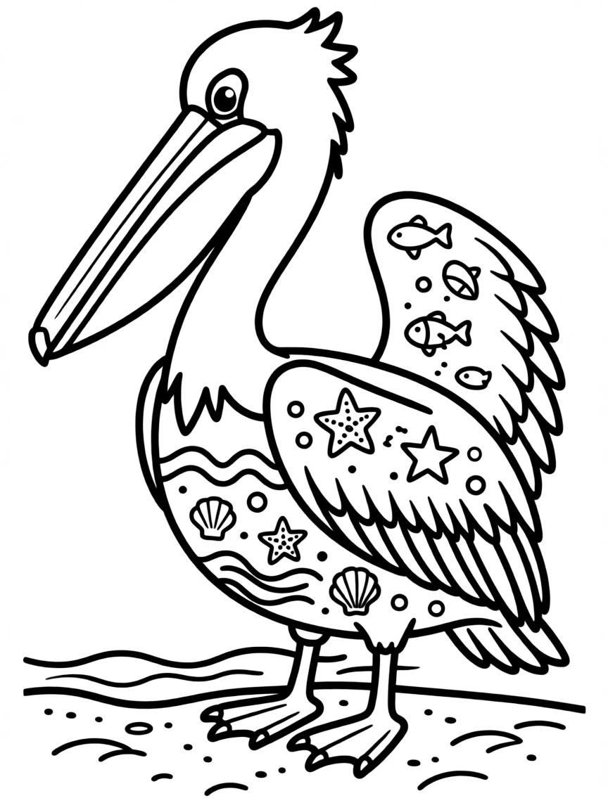 Pelican with ocean patterns incorporated into its pouch and wings