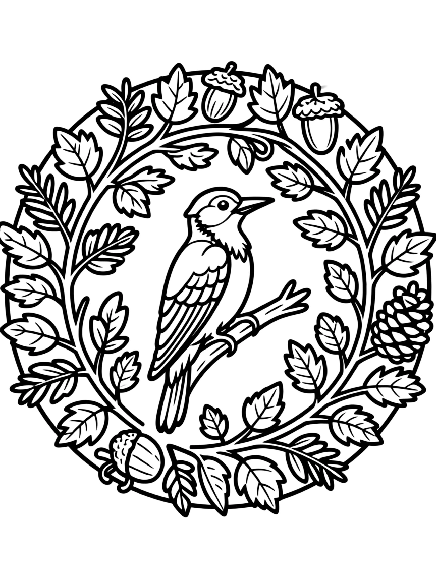 Woodpecker with tree elements forming a circular forest mandala