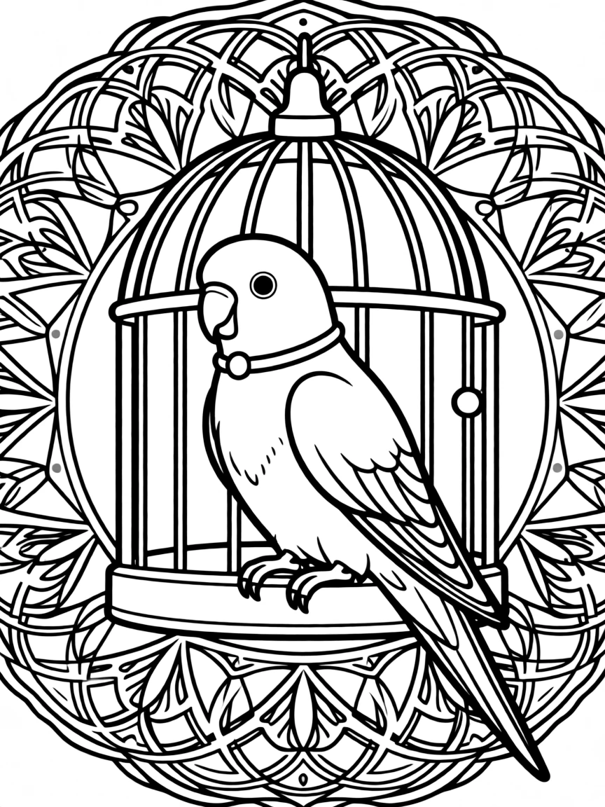 Parakeet with cage bar patterns forming a freedom mandala design