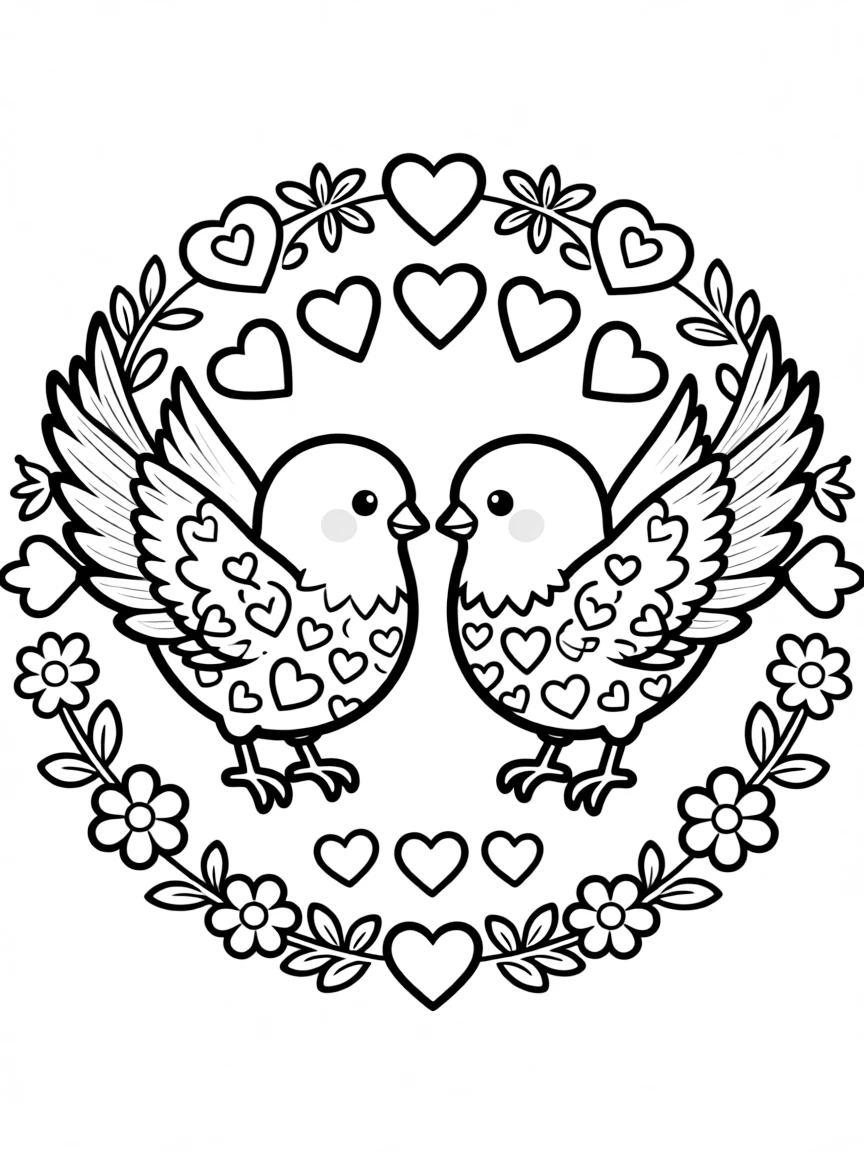 Lovebirds with heart patterns forming a circular romance mandala