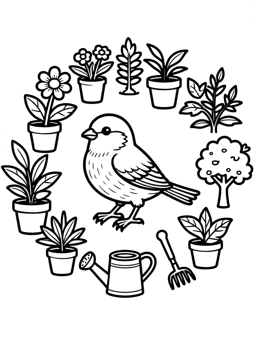 Sparrow with urban garden elements forming a city mandala design