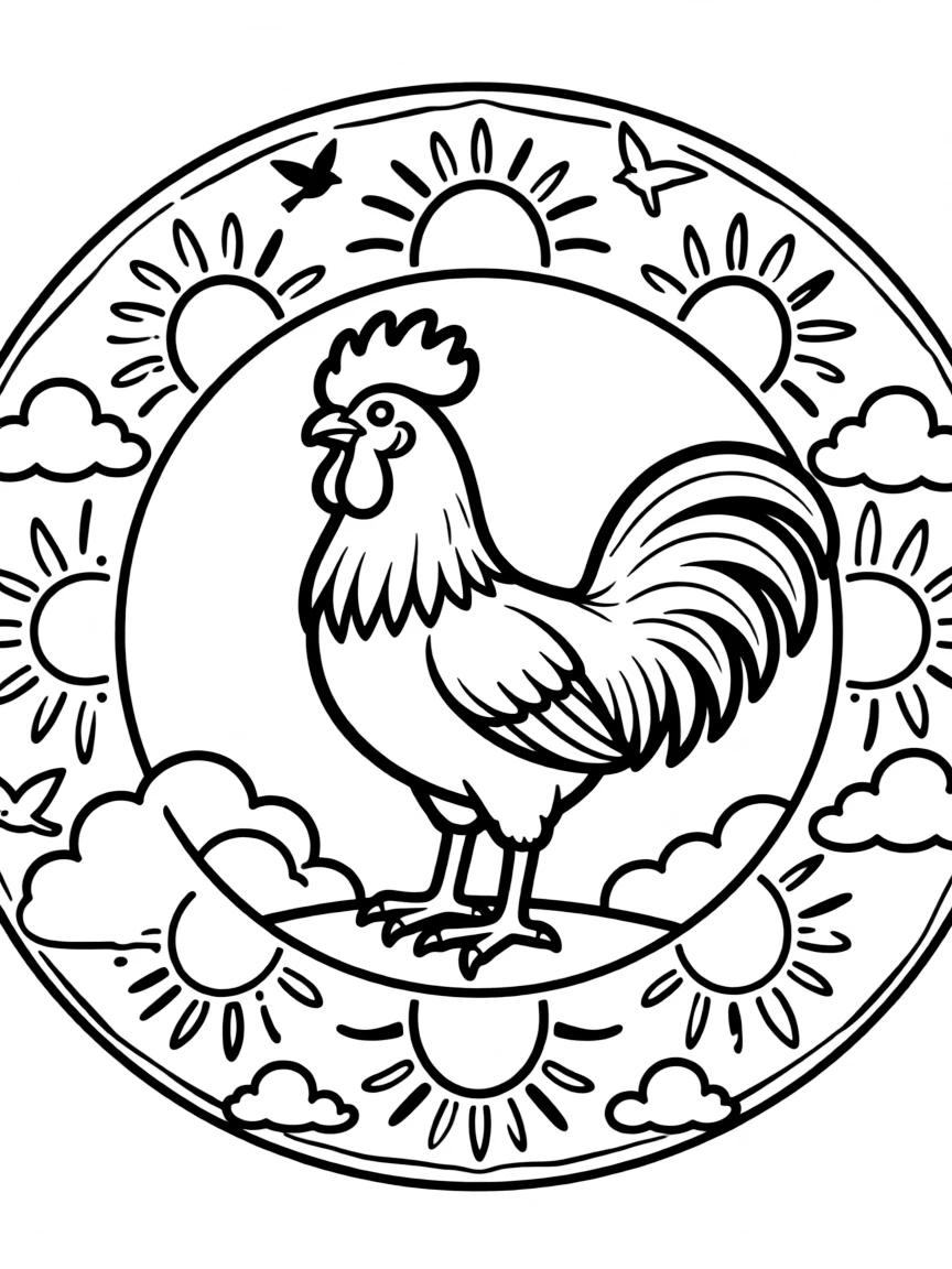 Rooster with sunrise patterns forming a morning mandala design