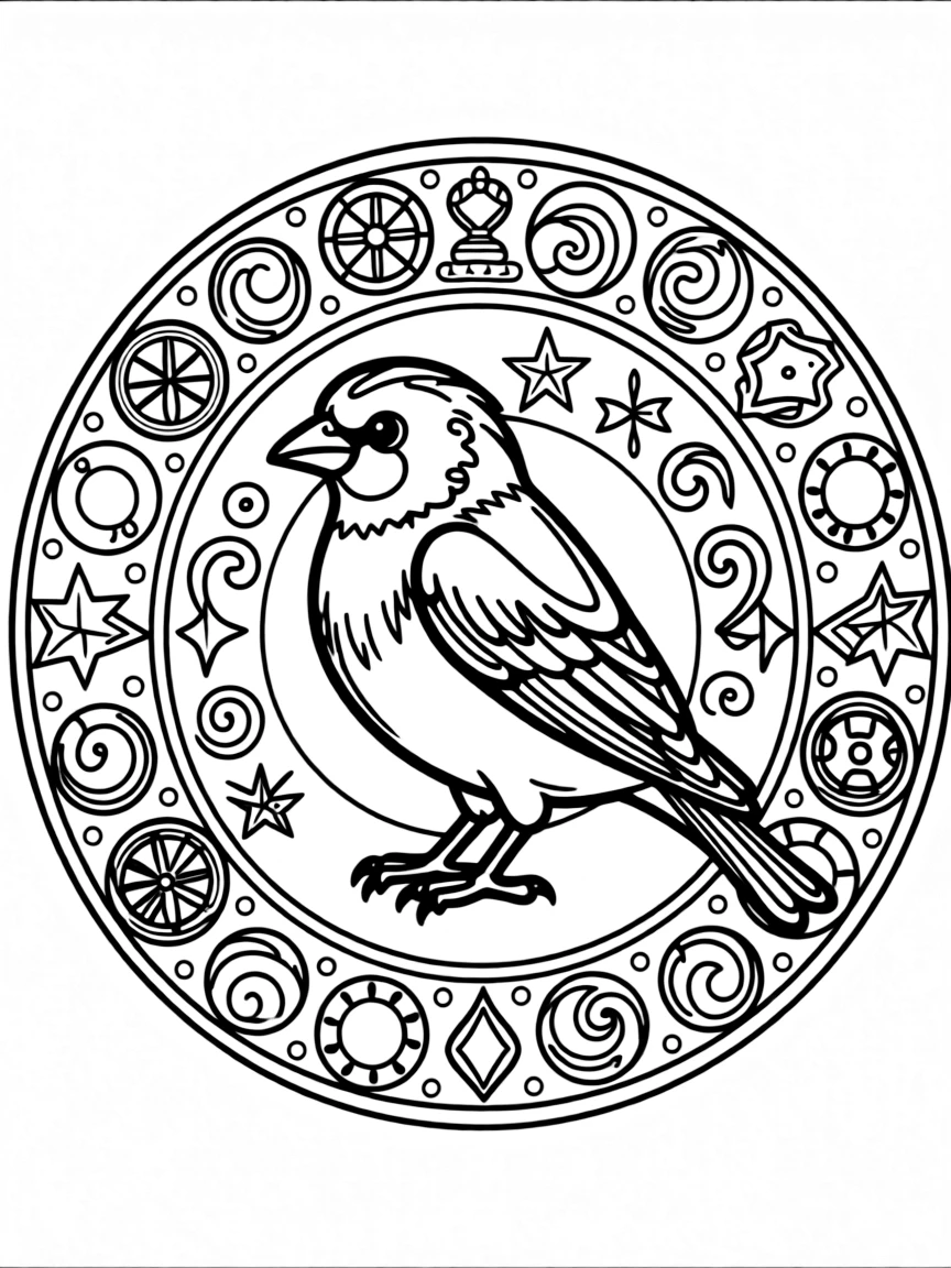 Goldfinch with gold and yellow patterns forming a treasure mandala