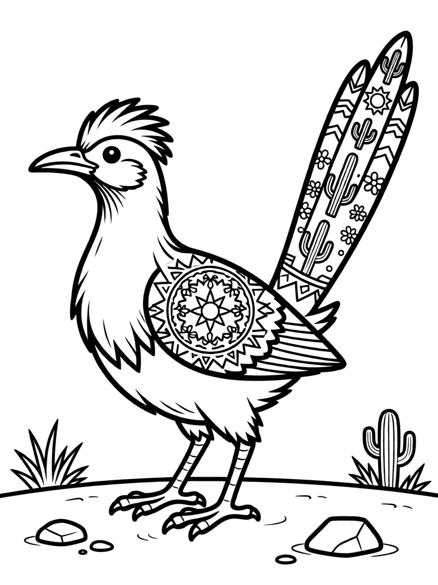 Roadrunner with desert patterns forming a southwest mandala design