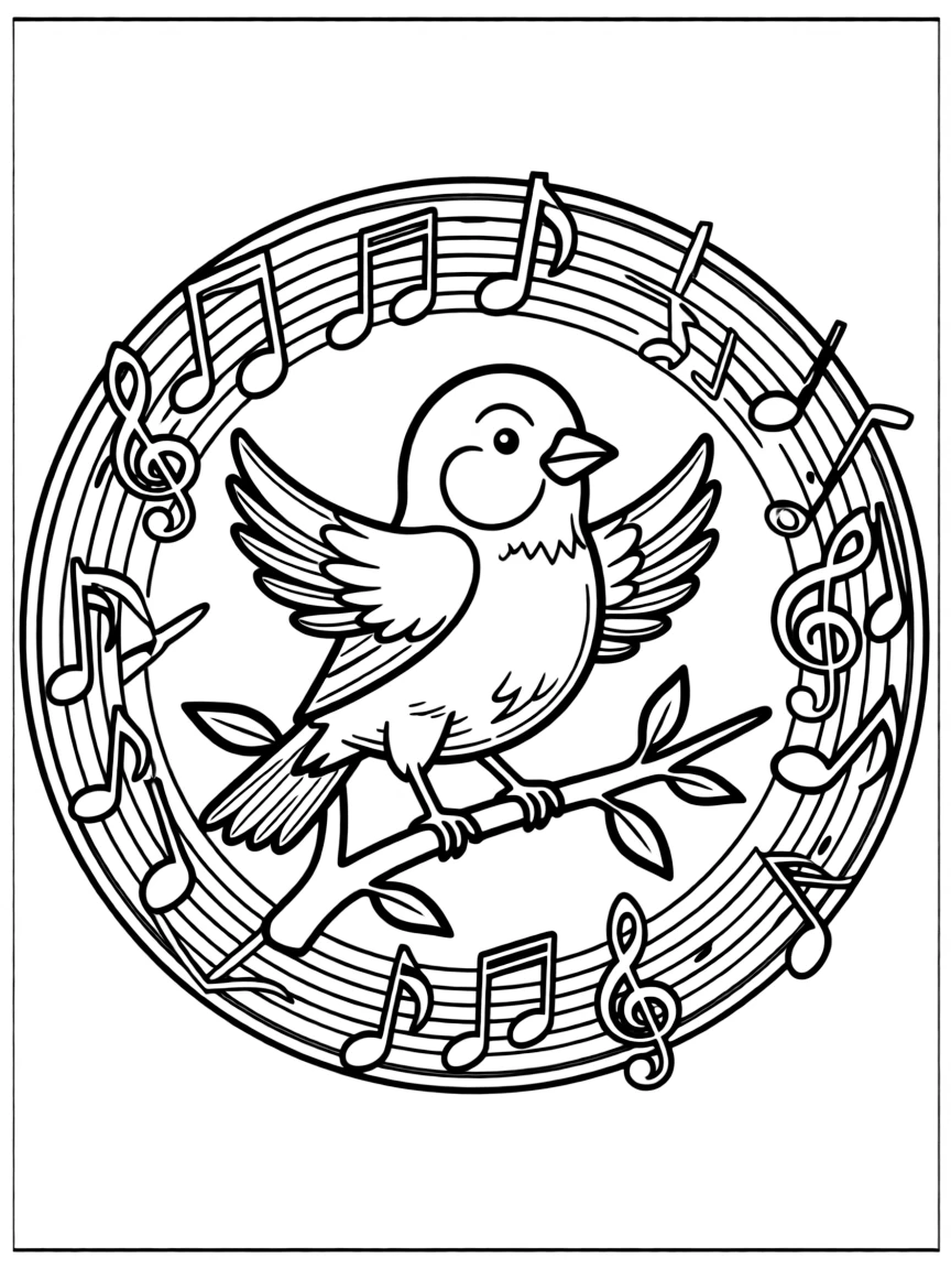 Canary with musical note patterns forming a song mandala design