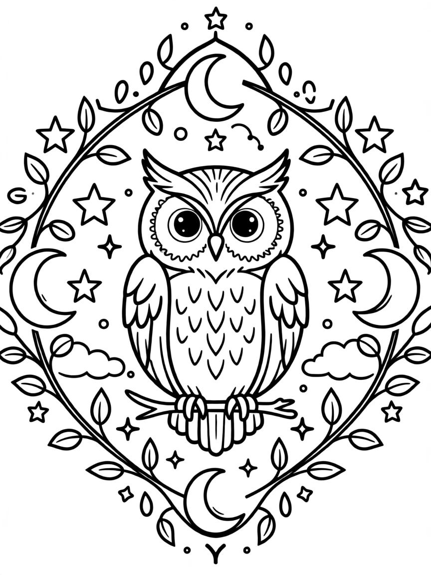 Owl with night elements forming a nocturnal mandala design