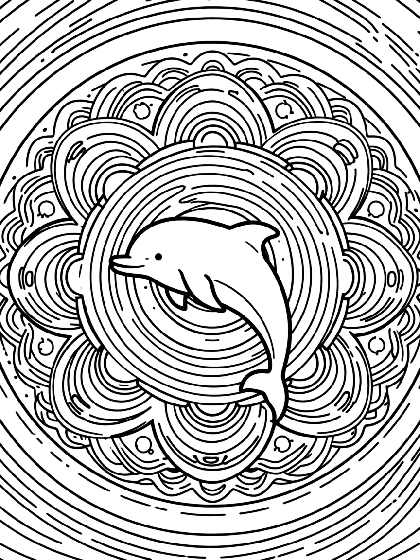 Dolphin with water ripple patterns forming an ocean mandala design