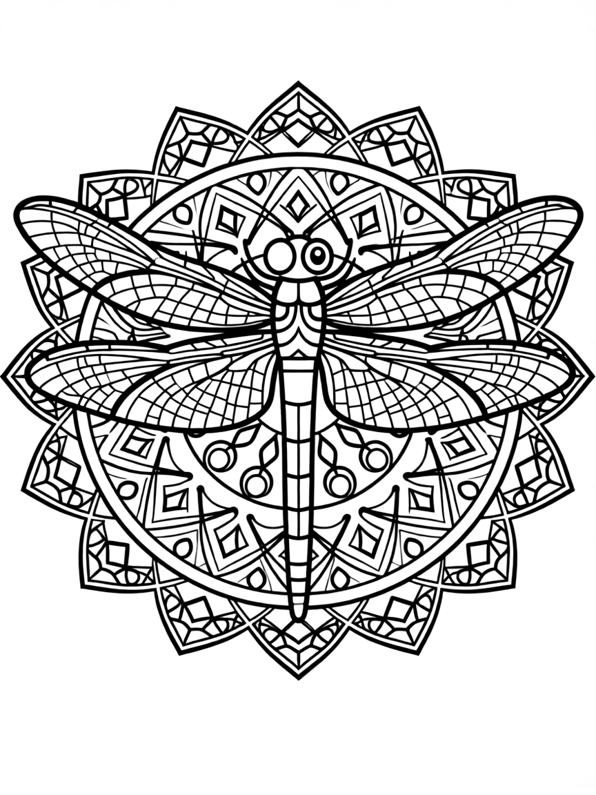 Dragonfly with geometric wing patterns forming an insect mandala design