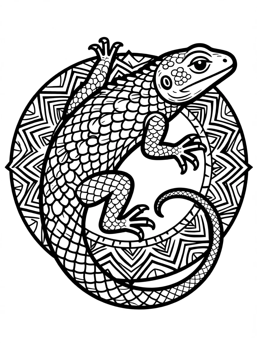 Lizard with scale patterns forming a reptile mandala design