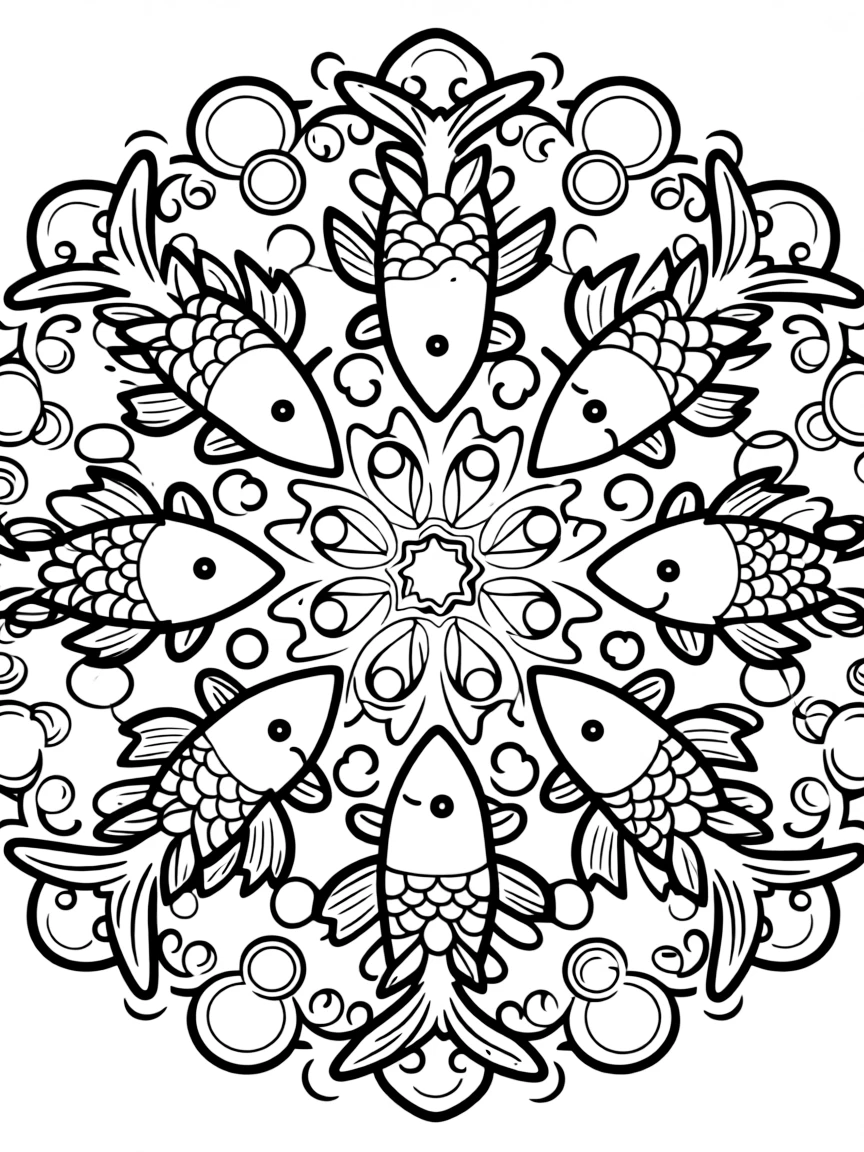 Fish with bubble patterns forming an underwater mandala design