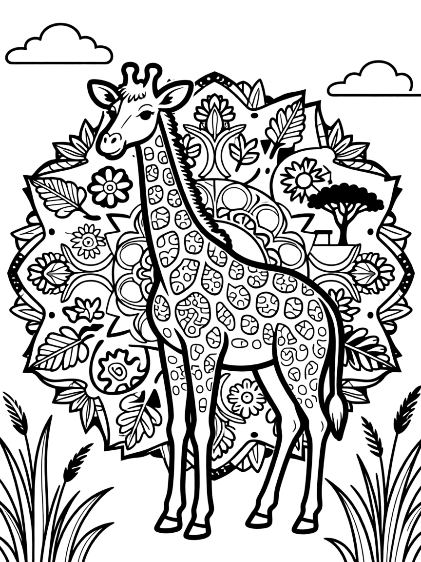 Giraffe with spot patterns forming a savanna mandala design