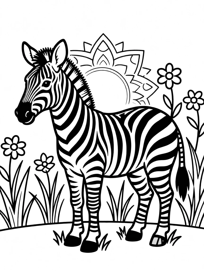 Zebra with stripe patterns forming a grassland mandala design